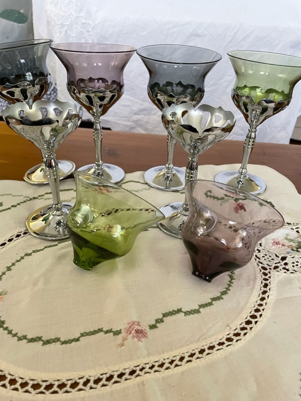 6 Handblown Colored glass ware and - Green & Purple removable stems
